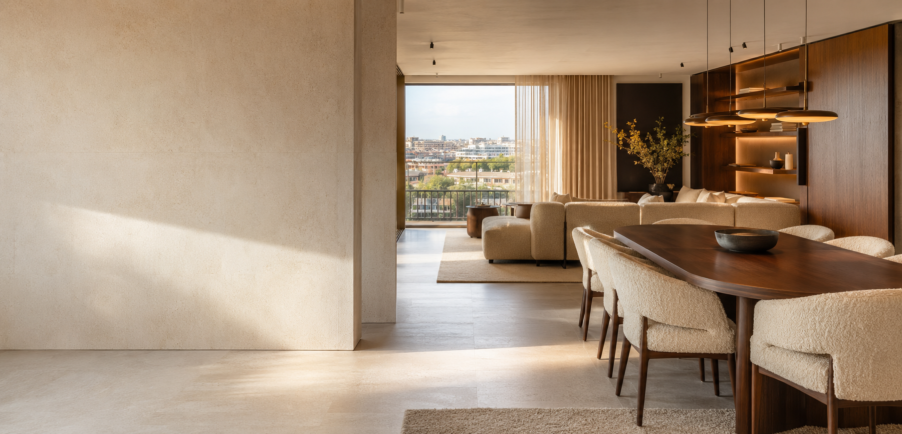 Salón contemporáneo con piedra natural, nogal e iluminación cálida