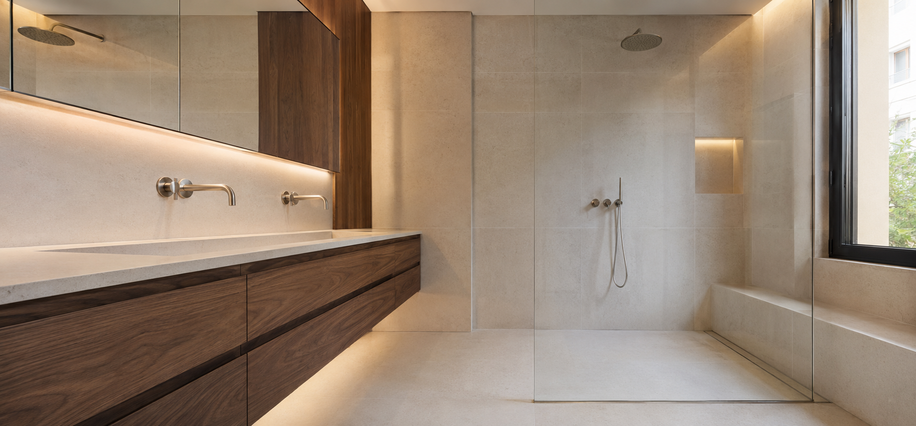 Visualización de baño contemporáneo en piedra clara y nogal