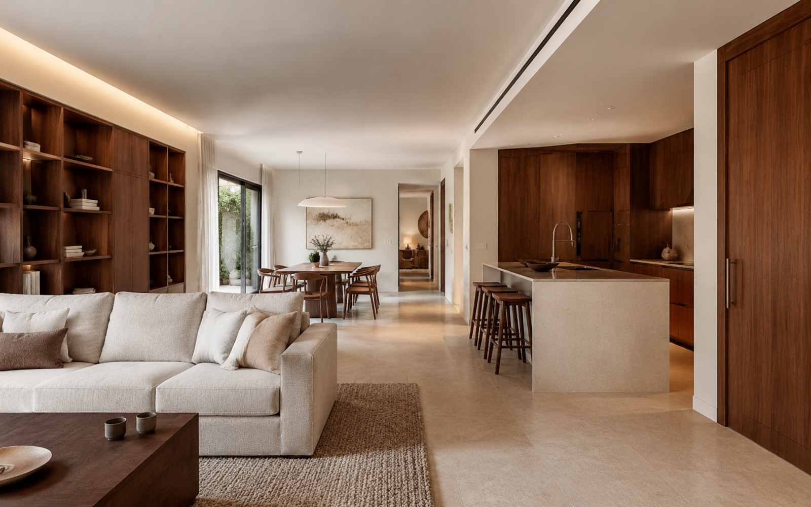 Concepto de salón y cocina terminados con nogal y piedra natural