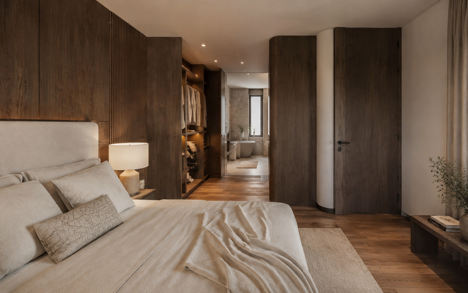 Concepto de suite principal terminada con vestidor y baño